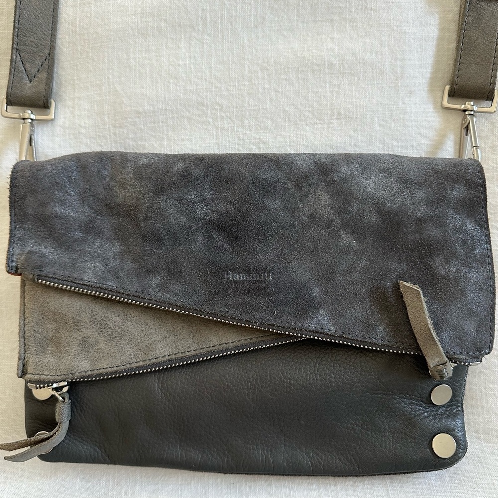 Hammitt Two-Tone Suede and Leather Crossbody in Charcoal and Slate